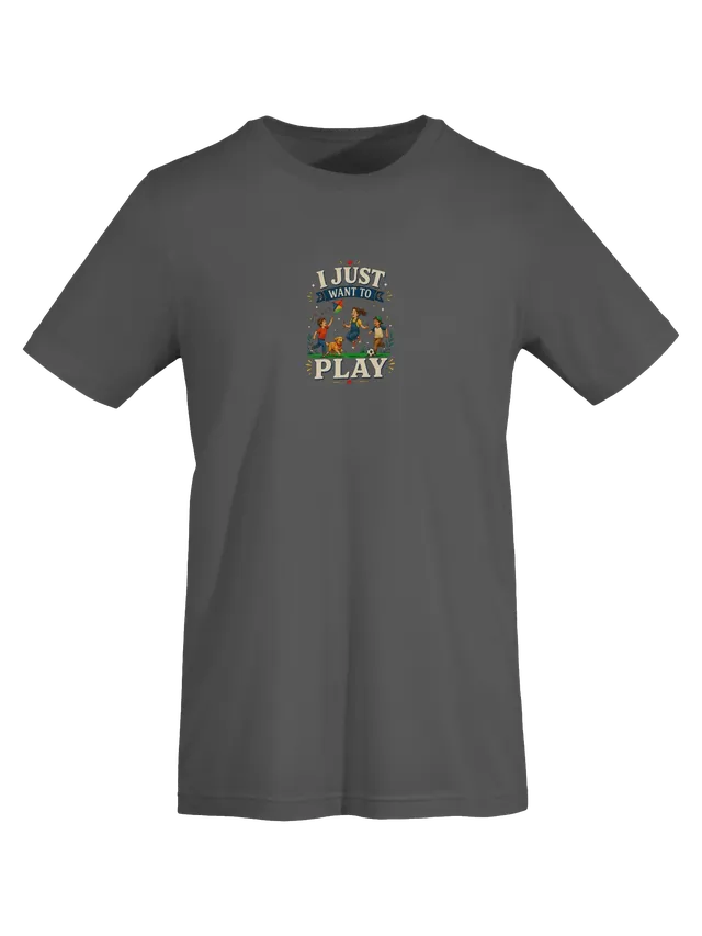 I Just Want To Play tee in navy with kids flying a kite, jumping rope, and chasing a soccer ball, by LOLsies