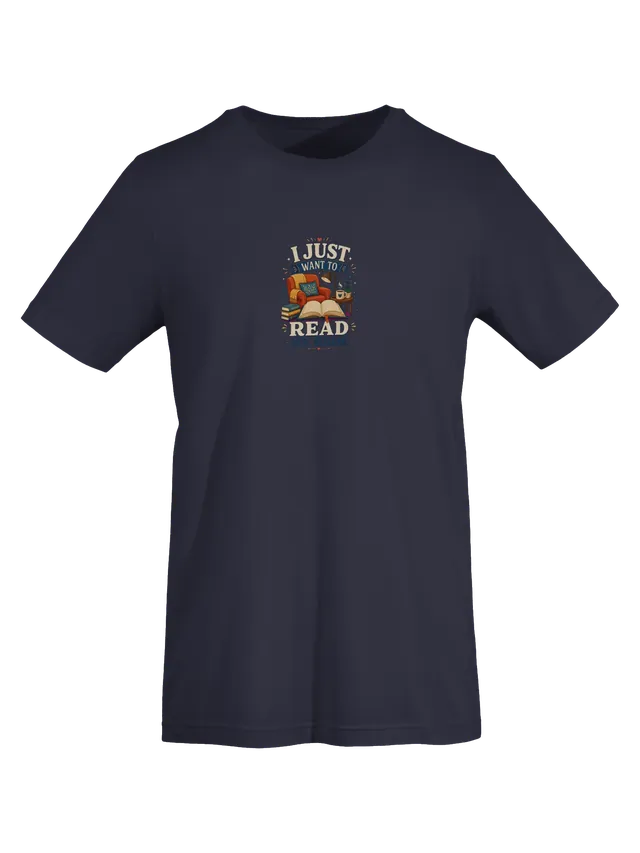 I Just Want To Read My Book tee in navy with an armchair, an open book, and a reading lamp, by LOLsies