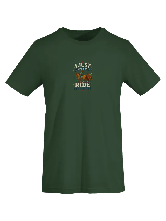 I Just Want To Ride My Horse tee in navy with a cowgirl on a chestnut horse by a red barn, by LOLsies