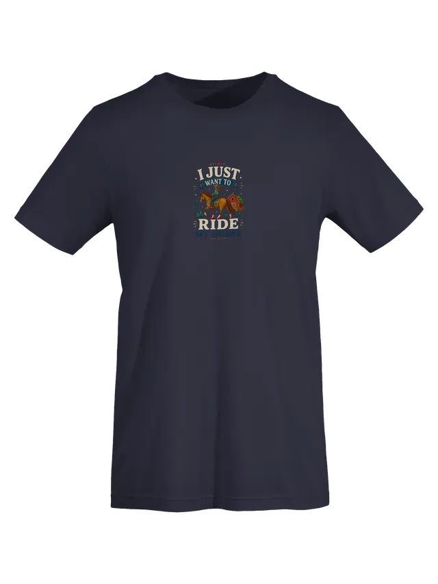 I Just Want To Ride My Horse tee in navy with a cowgirl on a chestnut horse by a red barn, by LOLsies