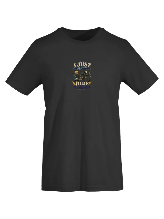 I Just Want To Ride My Motorcycle tee in navy with a vintage motorbike, helmet, and winding road, by LOLsies