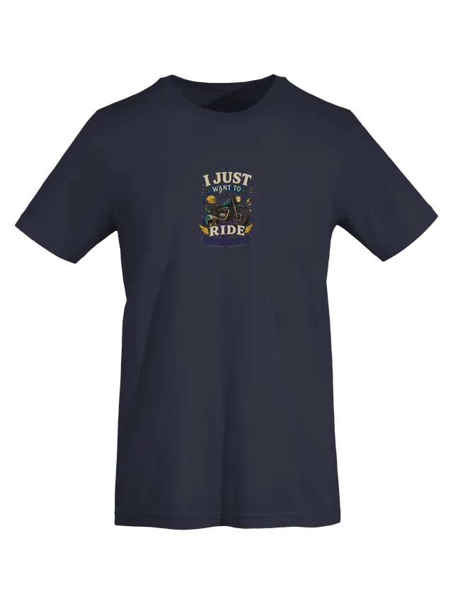 I Just Want To Ride My Motorcycle tee in navy with a vintage motorbike, helmet, and winding road, by LOLsies