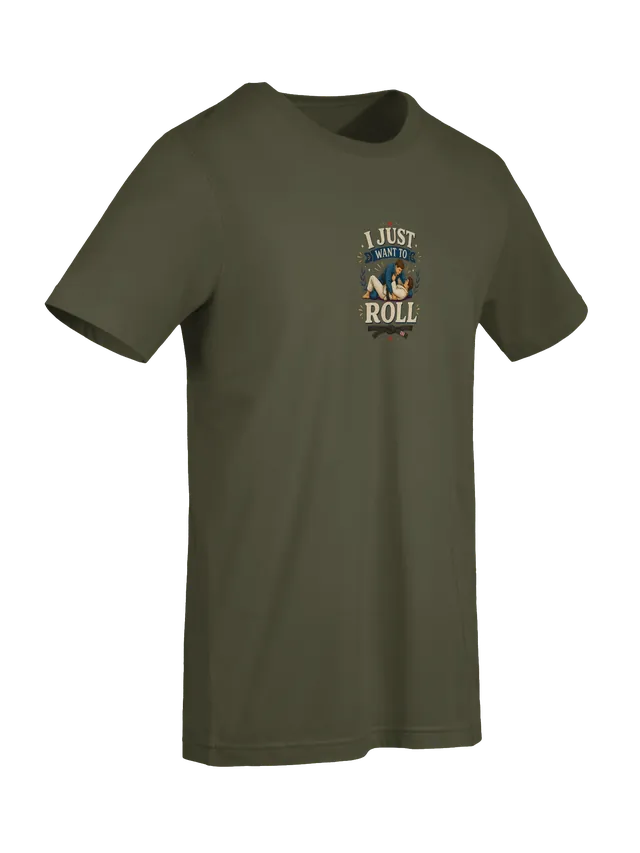 I Just Want To Roll BJJ tee in navy with two grapplers in gis and a knotted black belt, by LOLsies