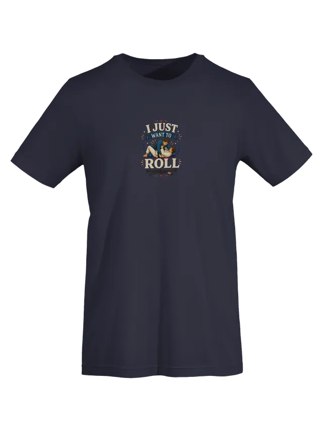 I Just Want To Roll BJJ tee in navy with two grapplers in gis and a knotted black belt, by LOLsies