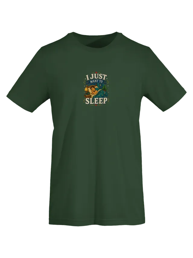 I Just Want To Sleep tee in navy with a sleeper under a starry quilt beside a 10:00 alarm clock, by LOLsies