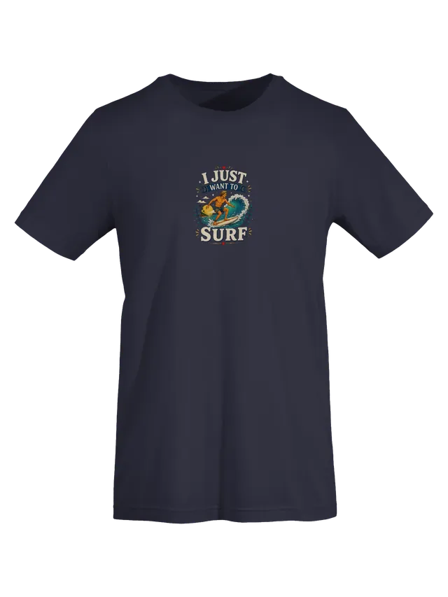 I Just Want To Surf tee in navy with a surfer carving a curling wave at sunset with palm trees, by LOLsies