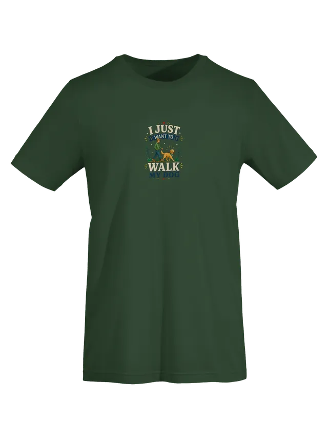 I Just Want To Walk My Dog tee in navy with a man walking a golden retriever in a paw-print bandana, by LOLsies