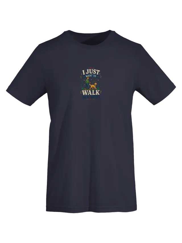 I Just Want To Walk My Dog tee in navy with a man walking a golden retriever in a paw-print bandana, by LOLsies
