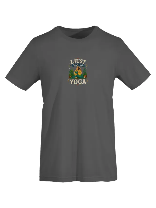 I Just Want To Yoga tee in navy with a yogi in a pigeon-pose stretch among potted plants, by LOLsies