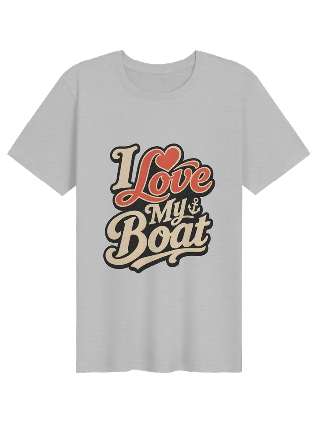 I Love My Boat t-shirt in black with retro script lettering, a red heart, and a small anchor, by LOLsies