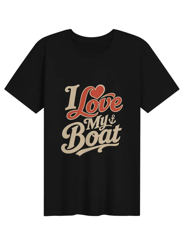 I Love My Boat t-shirt in black with retro script lettering, a red heart, and a small anchor, by LOLsies