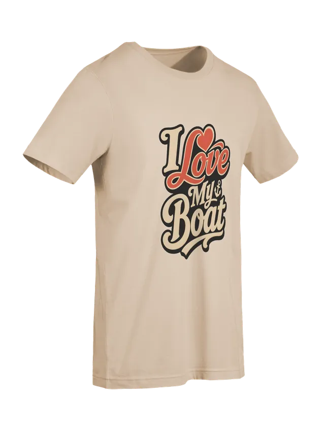 I Love My Boat t-shirt in black with retro script lettering, a red heart, and a small anchor, by LOLsies