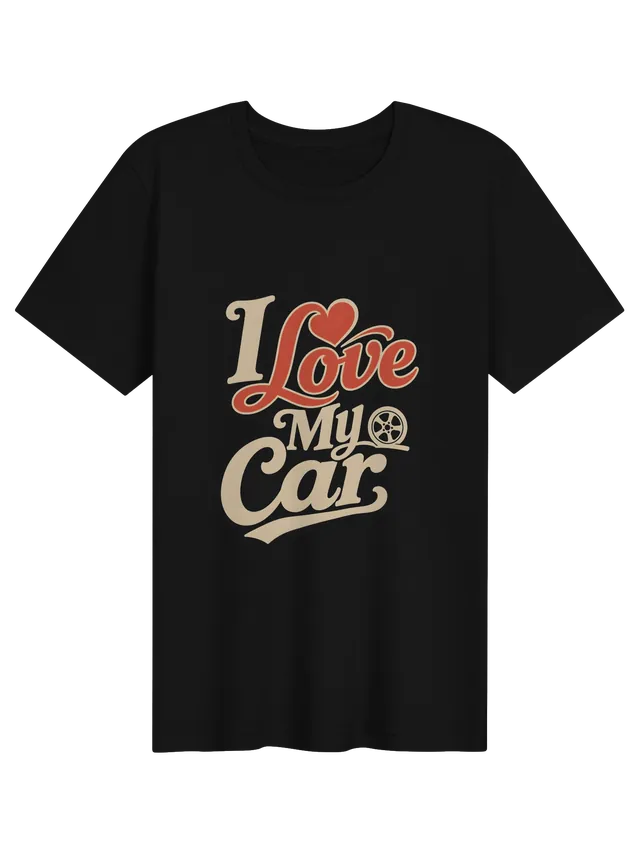 I Love My Car t-shirt in black with retro script lettering, a red heart, and a car wheel icon, by LOLsies