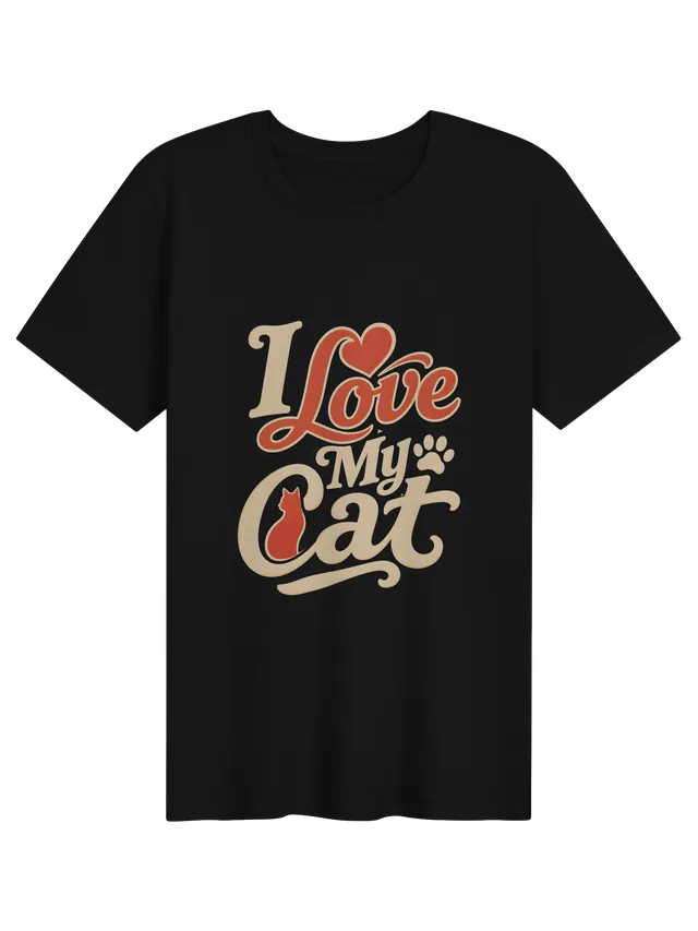 I Love My Cat t-shirt in black with retro script, a red heart, a paw print, and a cat silhouette, by LOLsies