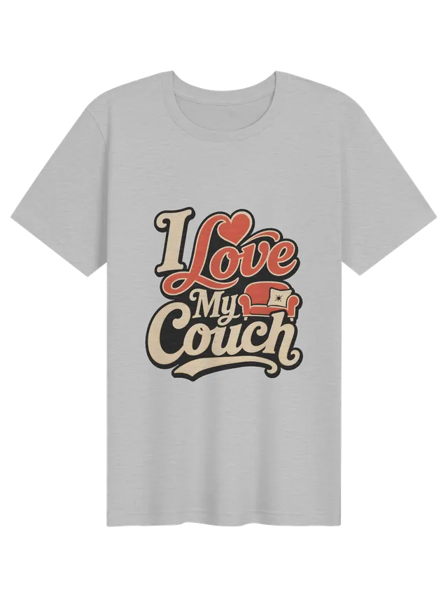 I Love My Couch t-shirt in black with retro script, a red heart, and a little red sofa with a pillow, by LOLsies