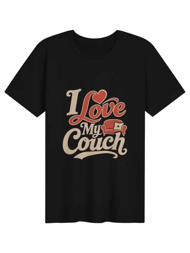 I Love My Couch t-shirt in black with retro script, a red heart, and a little red sofa with a pillow, by LOLsies