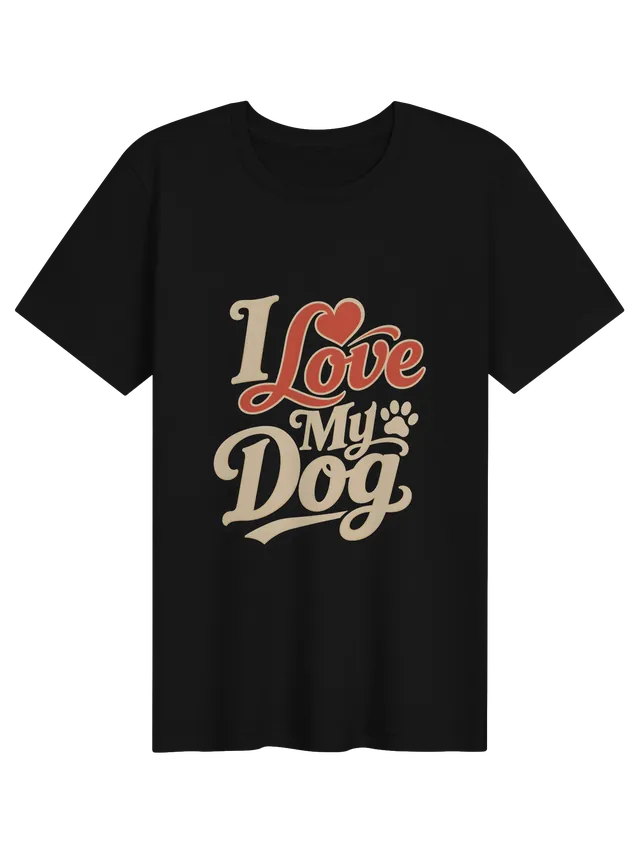 I Love My Dog t-shirt in black with retro script lettering, a red heart, and a paw print, by LOLsies