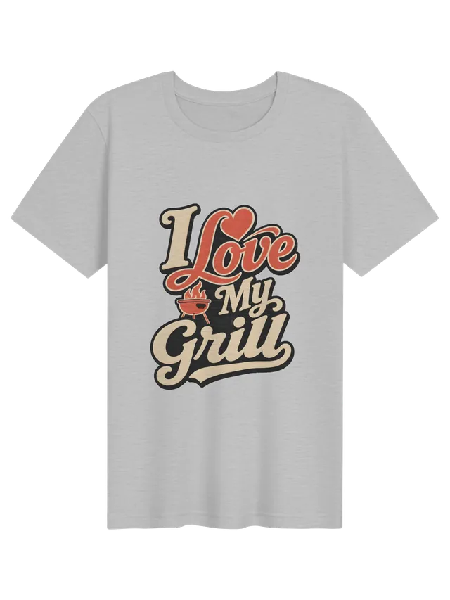 I Love My Grill t-shirt in black with retro script, a red heart, and a red kettle grill with flames, by LOLsies