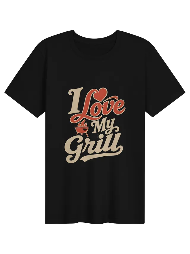 I Love My Grill t-shirt in black with retro script, a red heart, and a red kettle grill with flames, by LOLsies