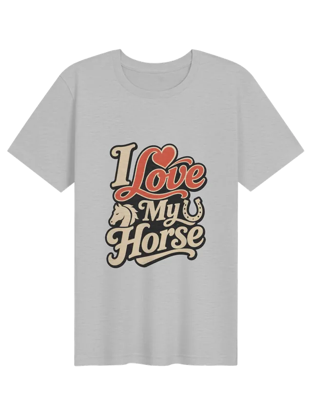 I Love My Horse t-shirt in black with retro script, a red heart, a horse head, and a horseshoe, by LOLsies