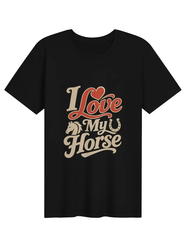 I Love My Horse t-shirt in black with retro script, a red heart, a horse head, and a horseshoe, by LOLsies