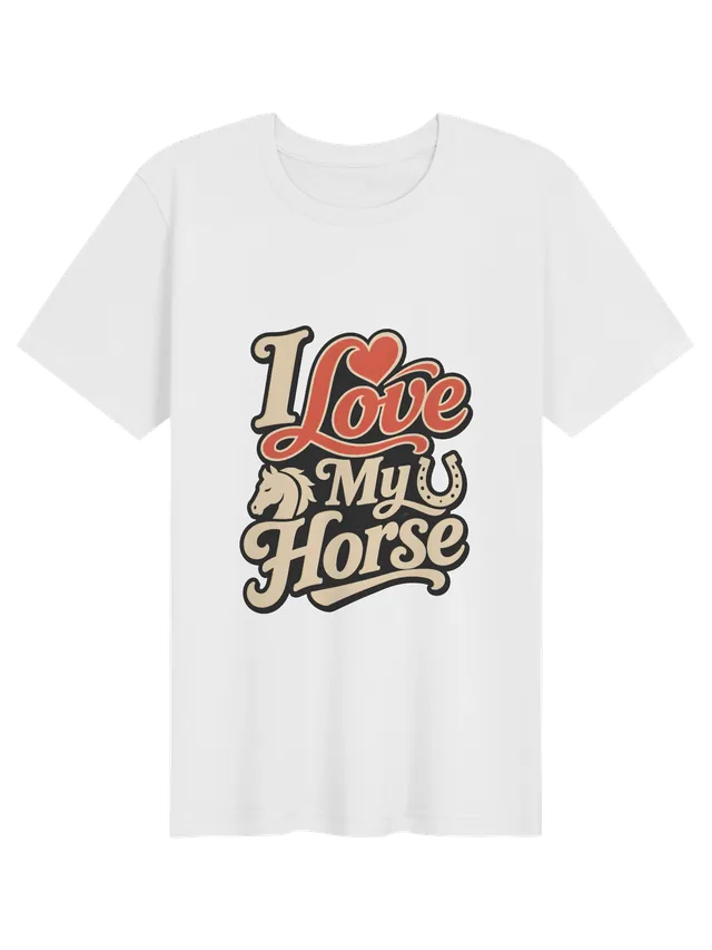 I Love My Horse t-shirt in black with retro script, a red heart, a horse head, and a horseshoe, by LOLsies
