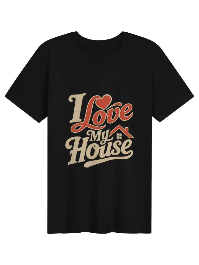 I Love My House t-shirt in black with retro script, a red heart, and a little house with a red roof, by LOLsies