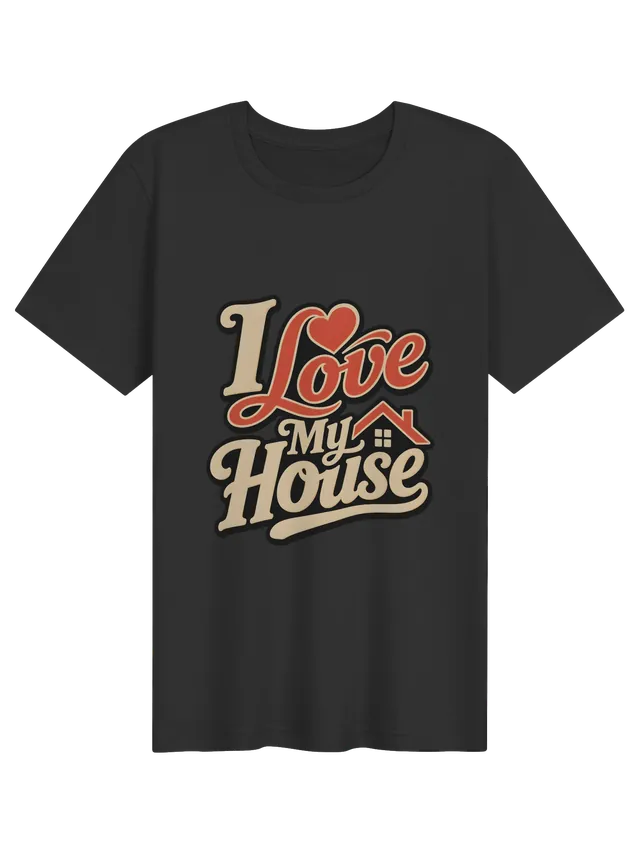 I Love My House t-shirt in black with retro script, a red heart, and a little house with a red roof, by LOLsies