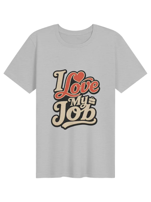 I Love My Job t-shirt in black with retro script lettering, a red heart, and a small briefcase icon, by LOLsies