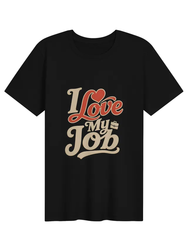 I Love My Job t-shirt in black with retro script lettering, a red heart, and a small briefcase icon, by LOLsies