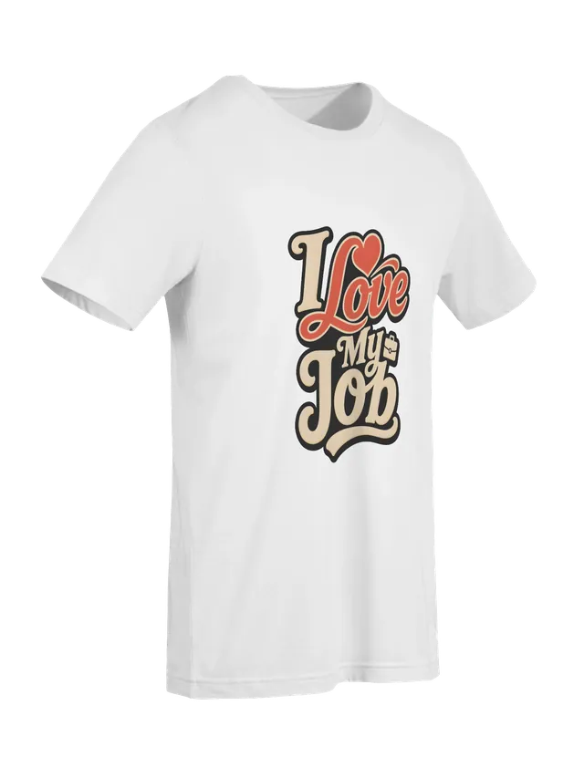 I Love My Job t-shirt in black with retro script lettering, a red heart, and a small briefcase icon, by LOLsies