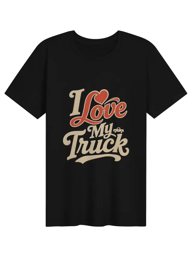 I Love My Truck t-shirt in black with retro script, a red heart, and a small pickup truck icon, by LOLsies