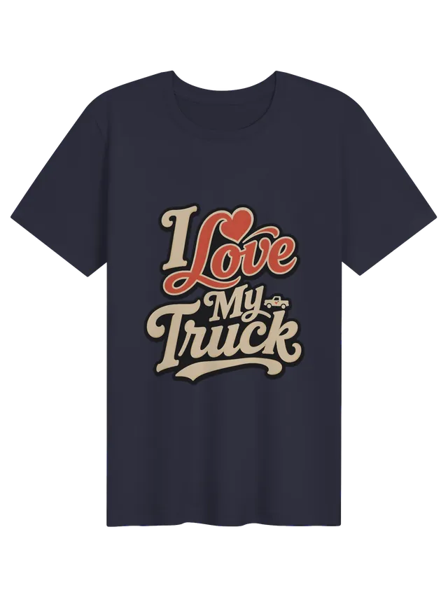 I Love My Truck t-shirt in black with retro script, a red heart, and a small pickup truck icon, by LOLsies