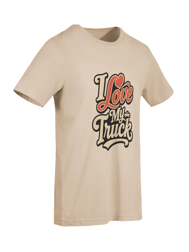 I Love My Truck t-shirt in black with retro script, a red heart, and a small pickup truck icon, by LOLsies
