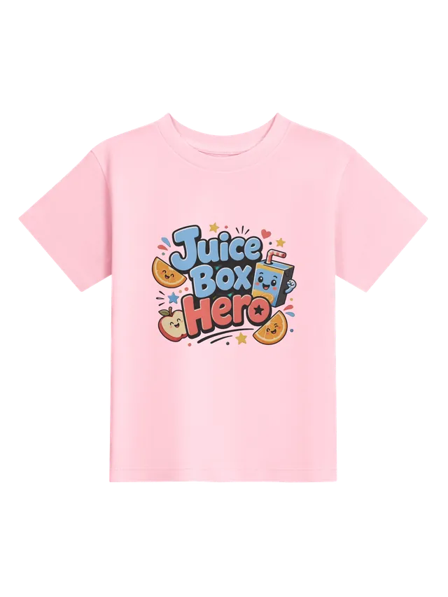 Juice Box Hero toddler tee in white with a fist-pumping juice box, a bendy straw, and smiling fruit, by LOLsies