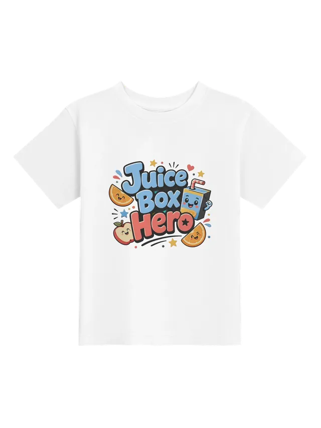 Juice Box Hero toddler tee in white with a fist-pumping juice box, a bendy straw, and smiling fruit, by LOLsies