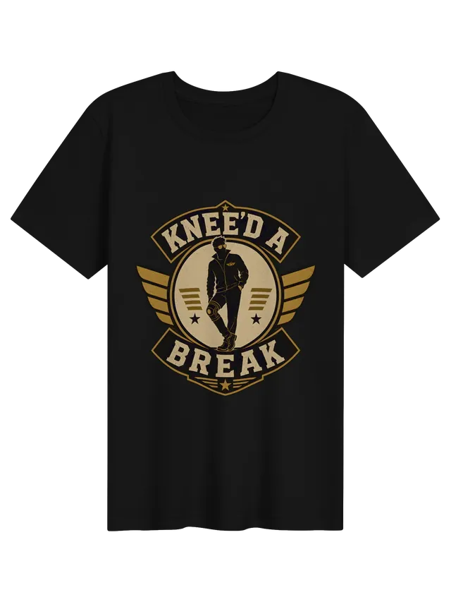 Knee'd A Break knee surgery t-shirt in black with a vintage winged badge hero in a knee brace, by LOLsies