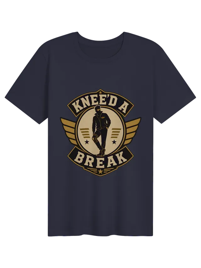 Knee'd A Break knee surgery t-shirt in black with a vintage winged badge hero in a knee brace, by LOLsies