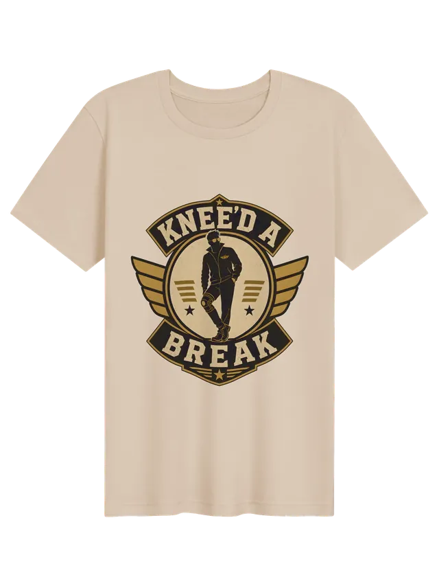 Knee'd A Break knee surgery t-shirt in black with a vintage winged badge hero in a knee brace, by LOLsies