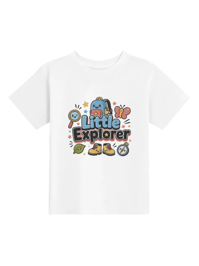 Little Explorer toddler tee in white with a backpack, hiking boots, a compass, a magnifier, and a butterfly, by LOLsies