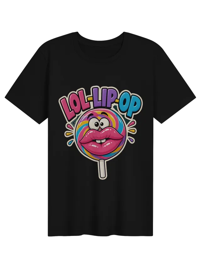 LOL-Lip-Op t-shirt in black with a rainbow swirl lollipop with googly eyes and glossy pink lips, by LOLsies