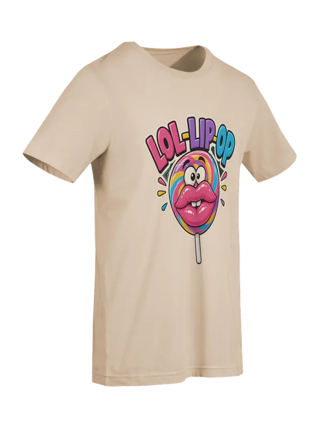 LOL-Lip-Op t-shirt in black with a rainbow swirl lollipop with googly eyes and glossy pink lips, by LOLsies