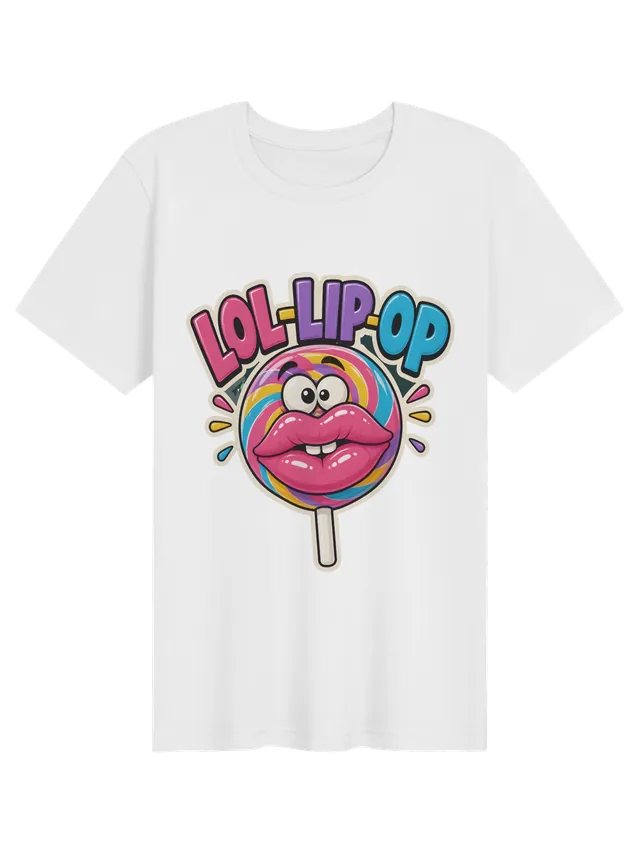 LOL-Lip-Op t-shirt in black with a rainbow swirl lollipop with googly eyes and glossy pink lips, by LOLsies