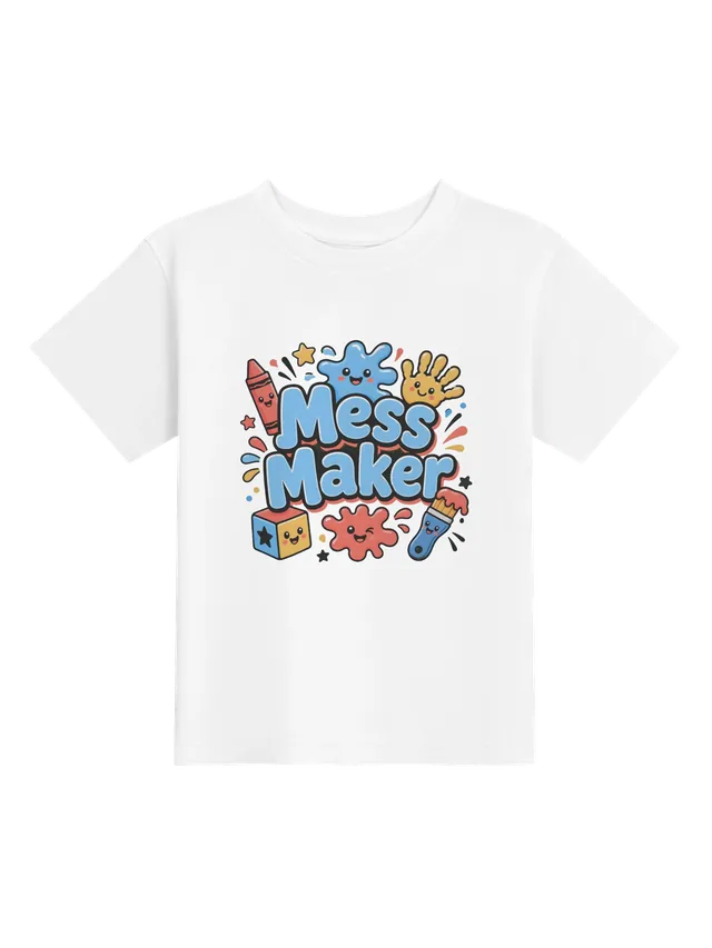 Mess Maker toddler tee in white with a crayon, paint splats, a handprint, a paintbrush, and a toy block, by LOLsies