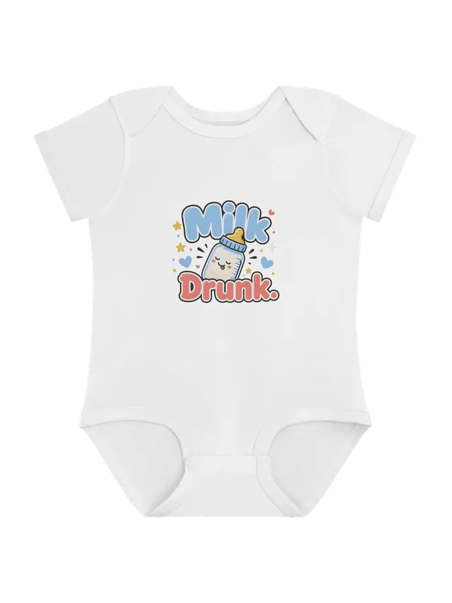 Milk Drunk baby bodysuit in white with a blissed-out baby bottle sticking its tongue out, by LOLsies