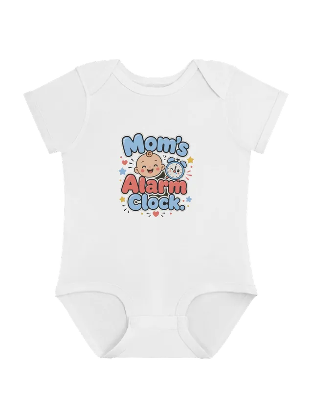 Mom's Alarm Clock baby bodysuit in white with a giggling baby and a winking blue alarm clock, by LOLsies