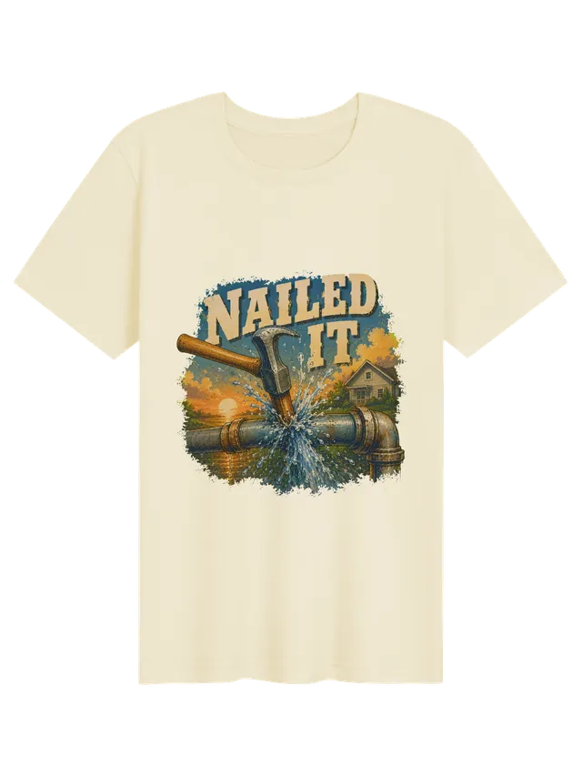 Nailed It funny DIY t-shirt in white with a hammer bursting a rusty water pipe in front of a house, by LOLsies