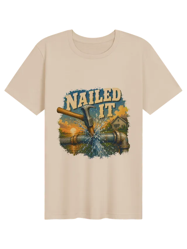 Nailed It funny DIY t-shirt in white with a hammer bursting a rusty water pipe in front of a house, by LOLsies