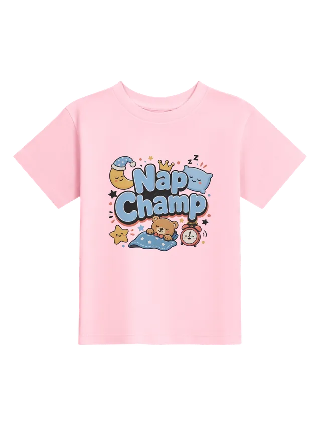 Nap Champ toddler tee in white with a crown, a sleepy moon and pillow, and a teddy bear under a blanket, by LOLsies