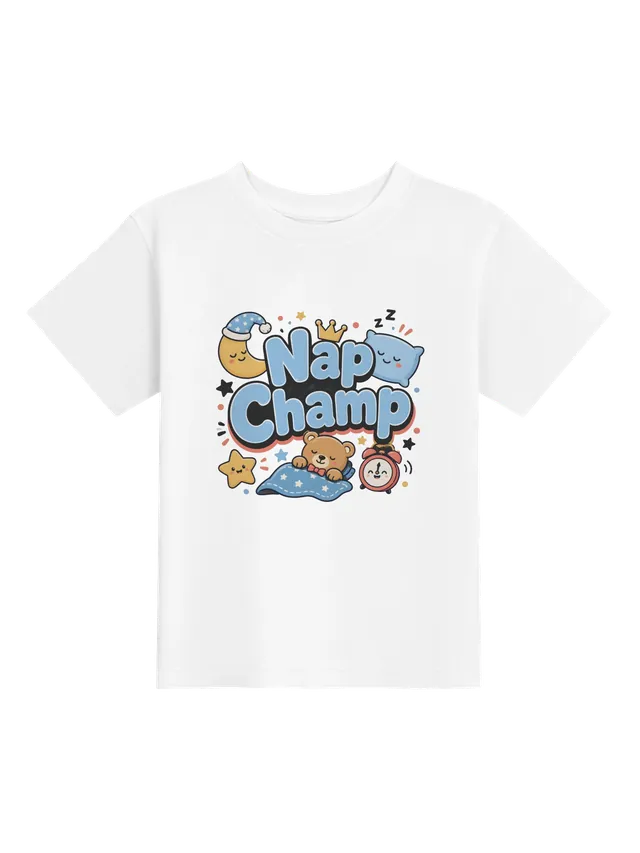 Nap Champ toddler tee in white with a crown, a sleepy moon and pillow, and a teddy bear under a blanket, by LOLsies